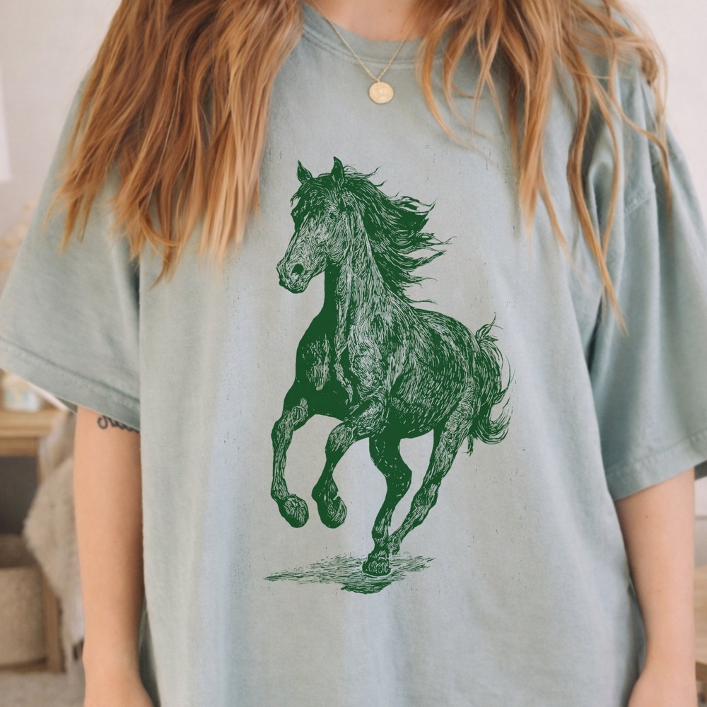 Classical Horse Motion Graphic Tee Etching Style Black and White